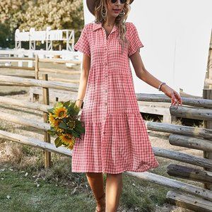 Women Dress Smock Plaid Midi Dresses A Line Lapel Gingham Midi Dress Short Sleev